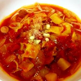 ミネストローネ風トマトスープのパスタ